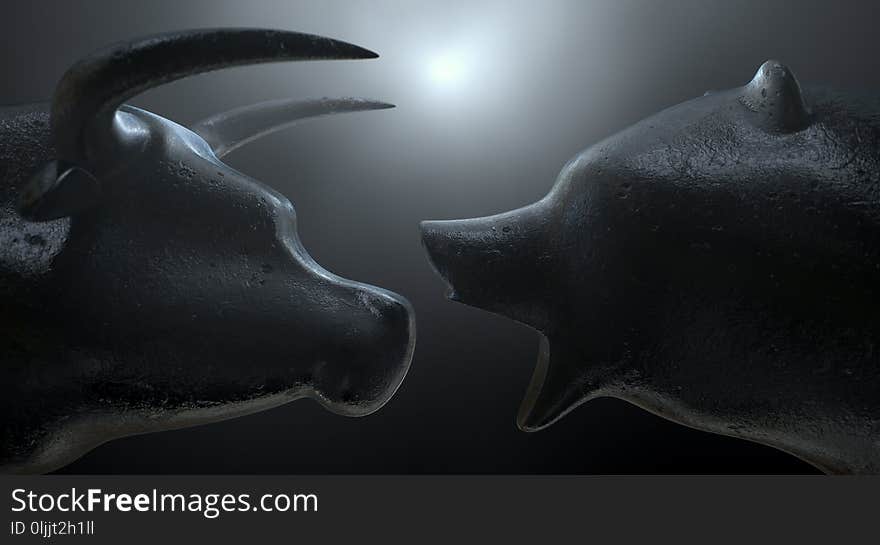 Two metal statuettes depicting a stylized bull and bear in dramatic light representing financial market trends on a dark studio background - 3D render. Two metal statuettes depicting a stylized bull and bear in dramatic light representing financial market trends on a dark studio background - 3D render