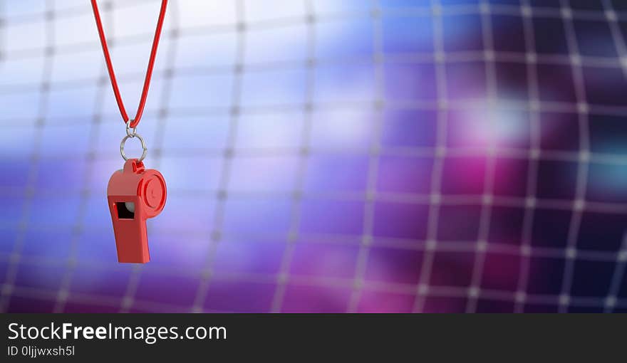 Soccer, football referee. Red whistle on blur goal net background, copy space. 3d illustration. Soccer, football referee. Red whistle on blur goal net background, copy space. 3d illustration