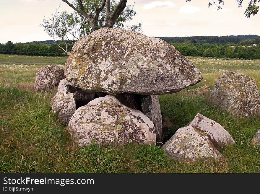 Rock, Boulder, Grass, Bedrock