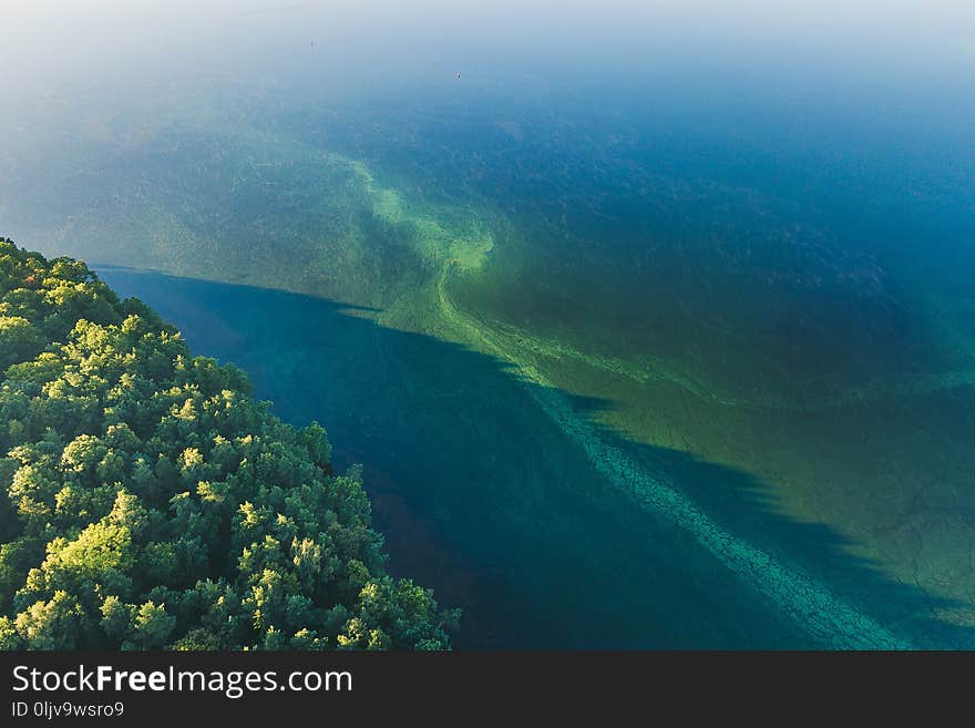 Blue water texture aerial drone view. Kaunas lagoon water surface, Lithuania