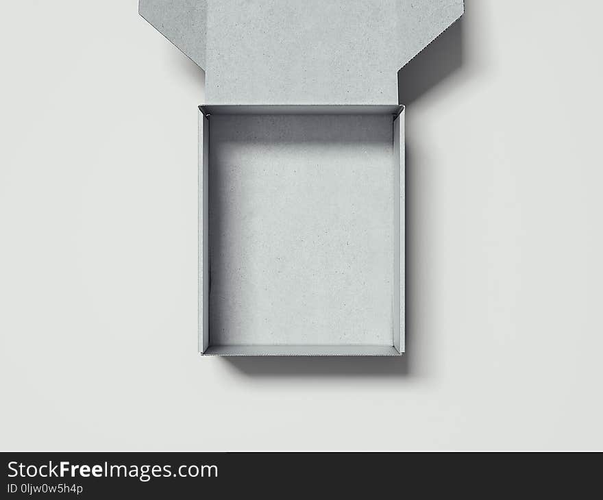 Opened empty white cardboard box on white background, 3d rendering.