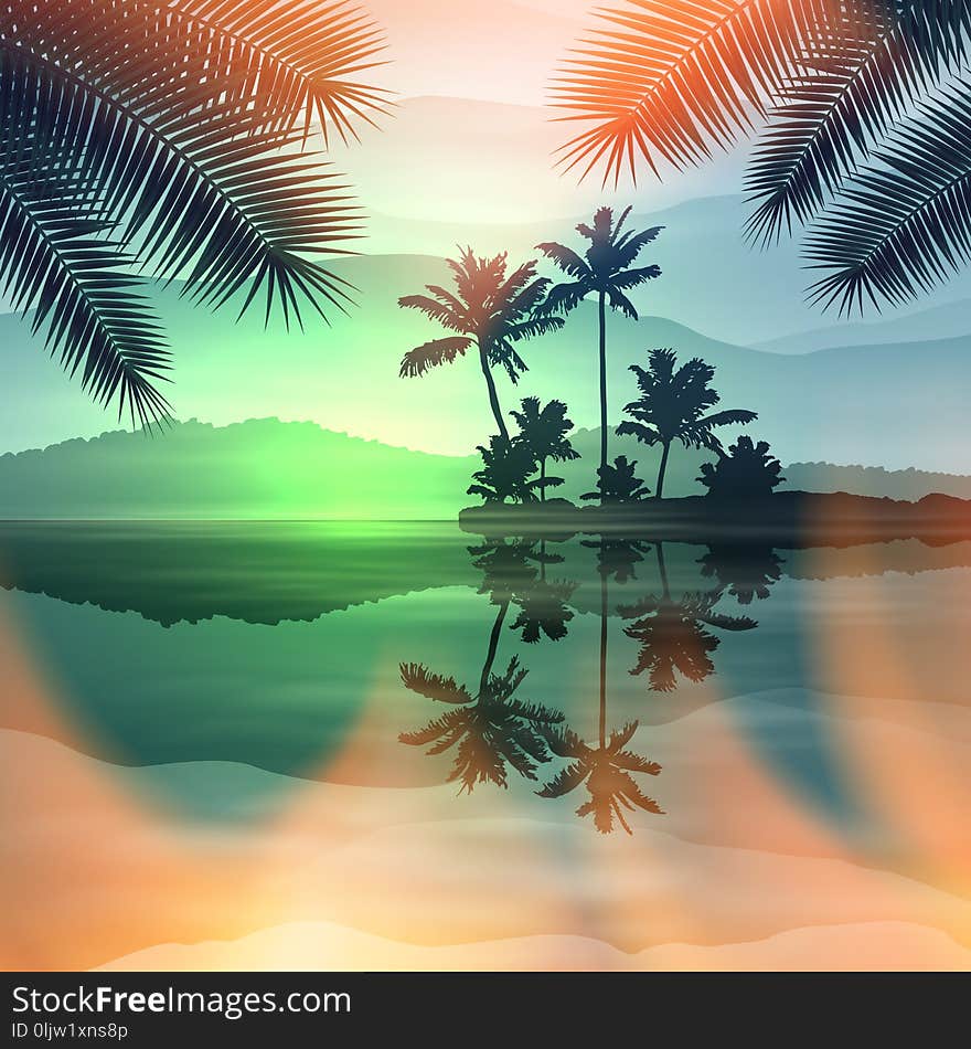 Green summer background with sea and palm trees at night. EPS10 vector.