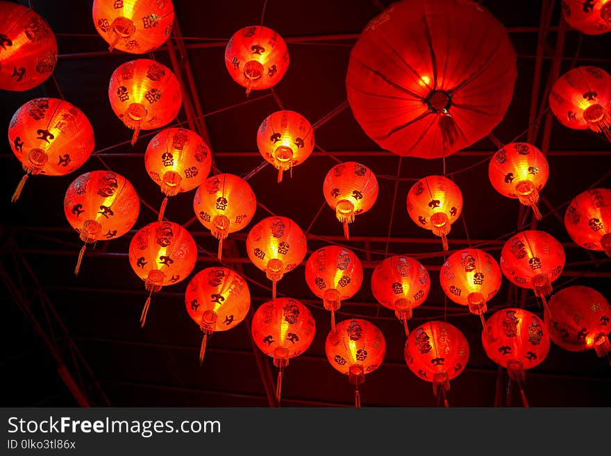 Red Chinese lanterns in the interior of the temple