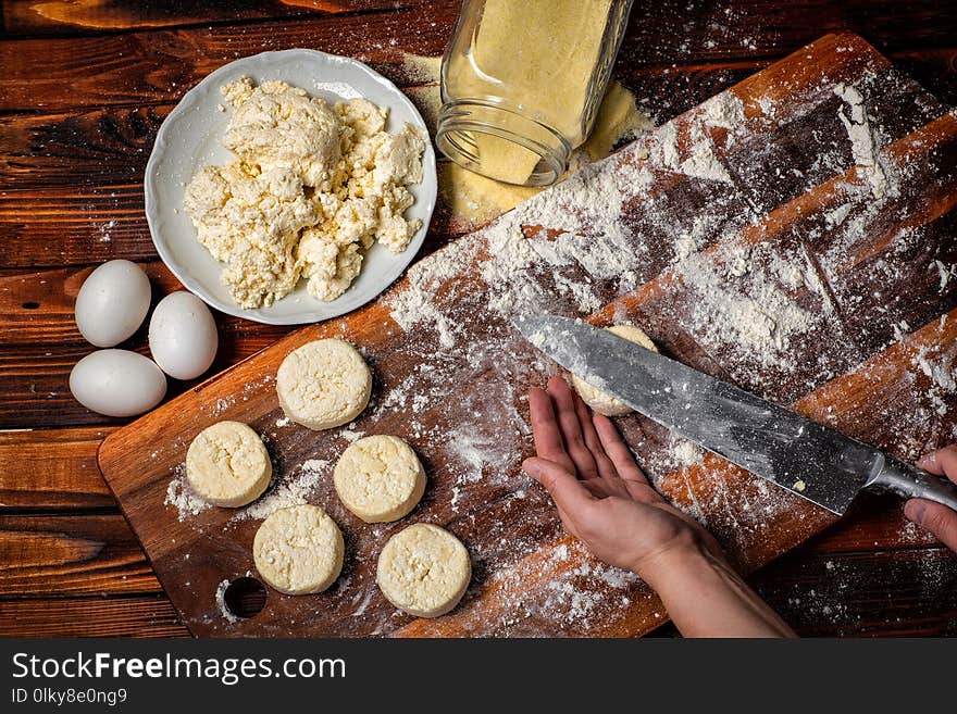 Breakfast. pancakes from cottage cheese . Cooking in the kitchen .Cooking