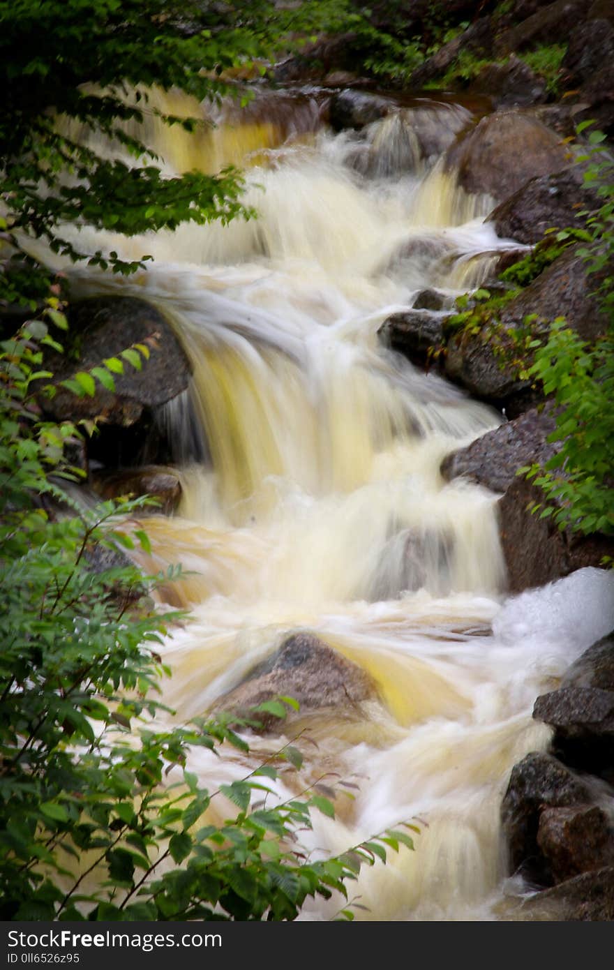 A picture of a cascading waterfall in the woods in the summer