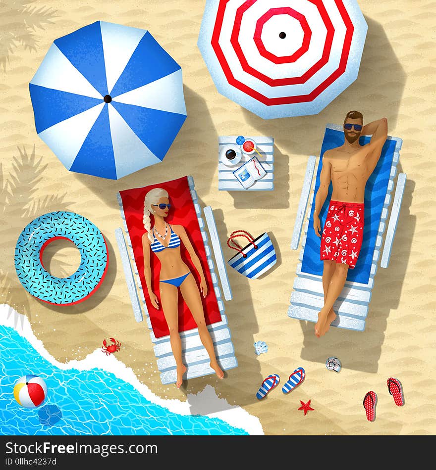 Summer top view illustration of young couple