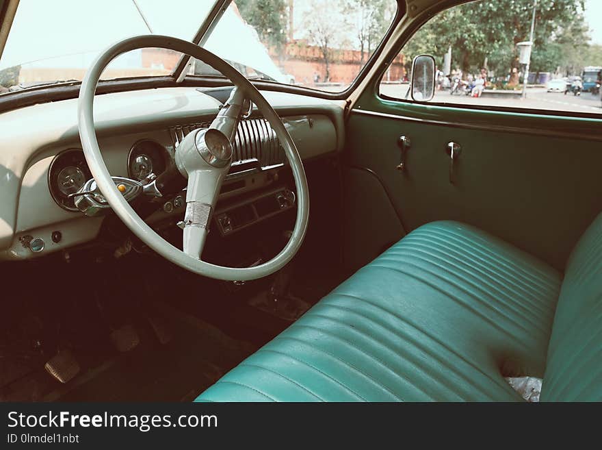 Interior of vintage car. vintage classic style. retro film color filter effect.