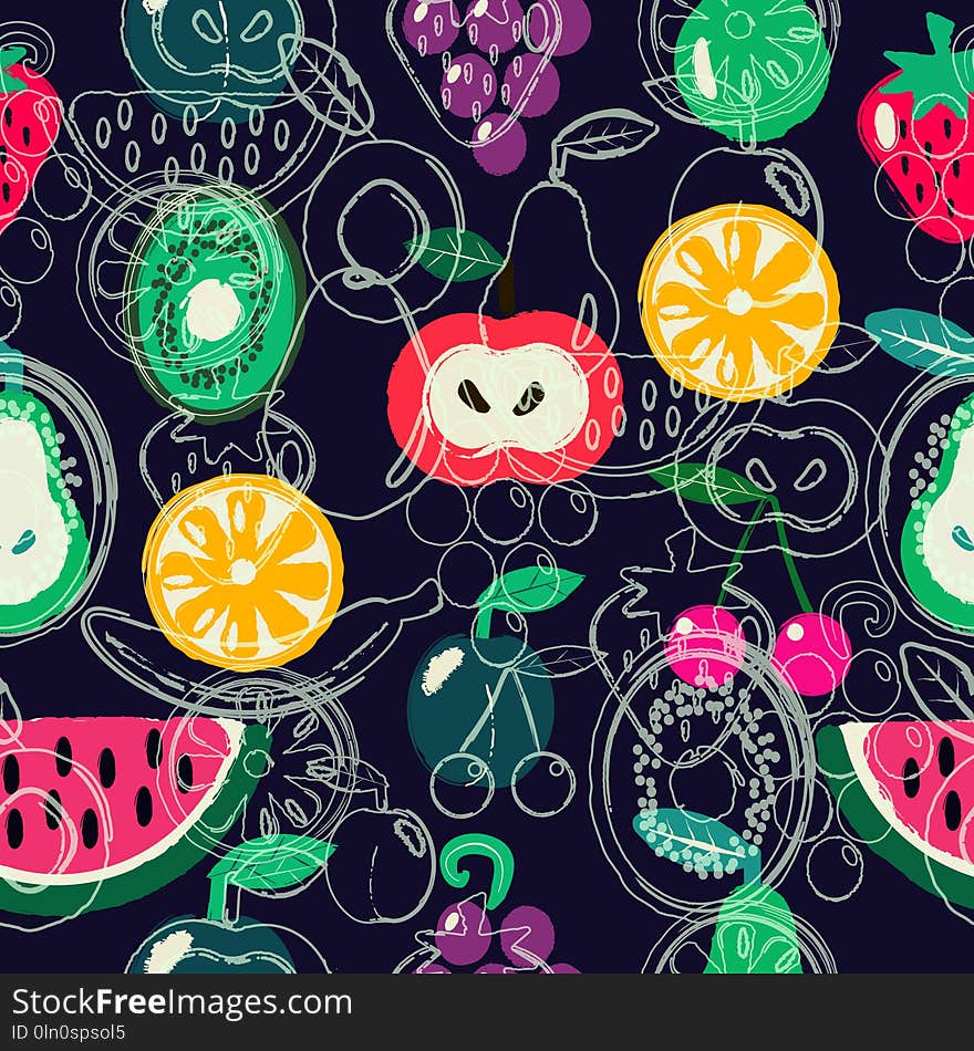 Fruits seamless pattern. Concept for restaurant menu backdrop, smoothies bar, eco market. Hand drawn style.