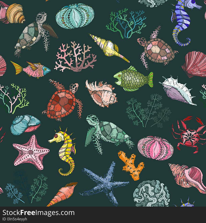 Seamless pattern with ocean organisms shells, fish, corals and turtle