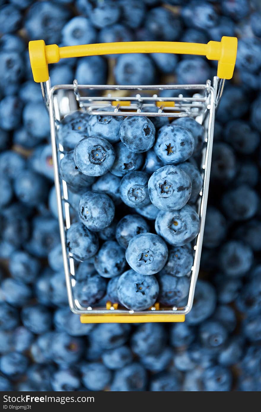 Blueberry fruits in mini shopping cart. Selective focus on the blueberries in small trolley