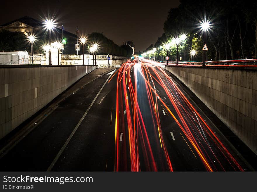 Red and white lines of car`s lights at night