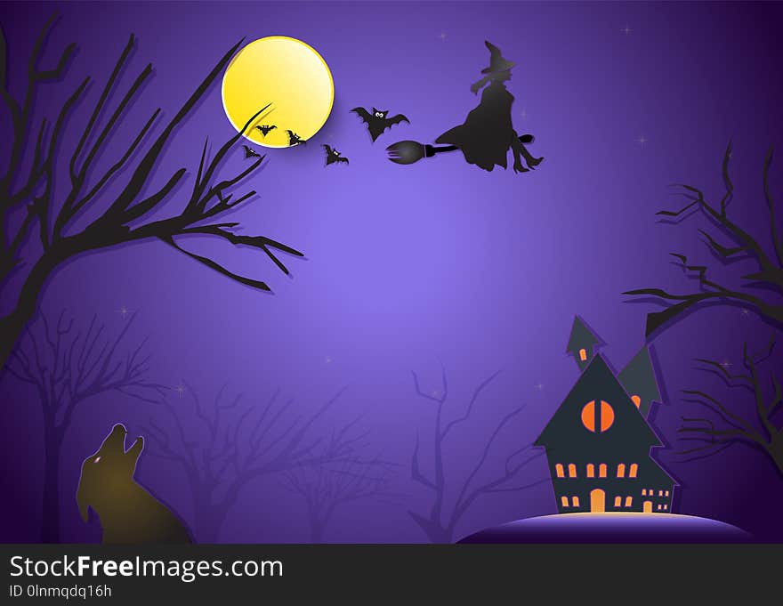 Young witch flying on broom and fox silhouette Halloween paper a