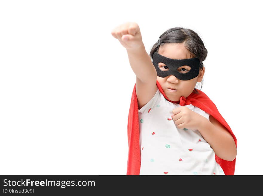 Little child plays superhero isolated