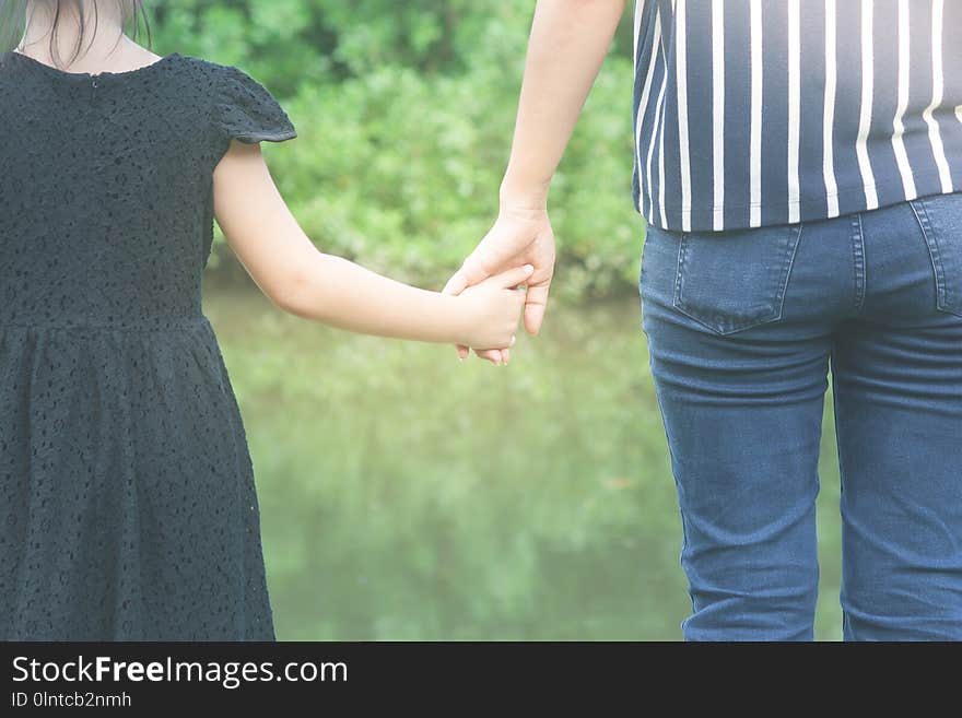 Woman and cute little girl holding hands together and standing on green grass in the public park in summer time. Selective focus