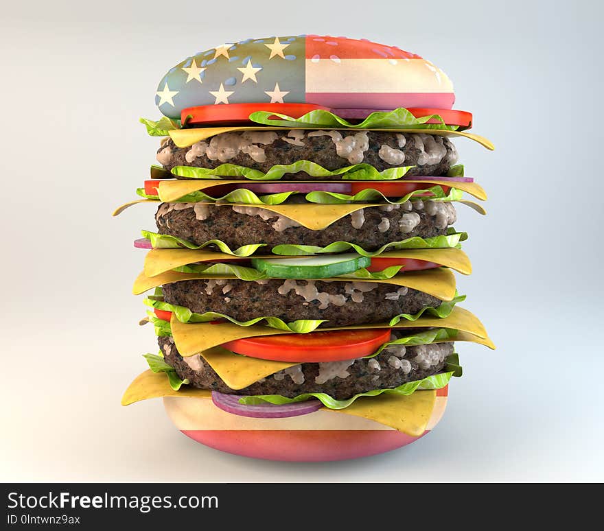 Hamburger with USA flag printed over the bread. Hamburger with USA flag printed over the bread