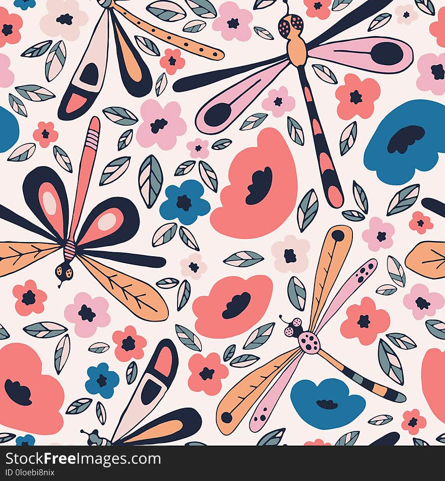 Floral pattern with dragonflies, leaves and fantasy flowers. Floral pattern with dragonflies, leaves and fantasy flowers.