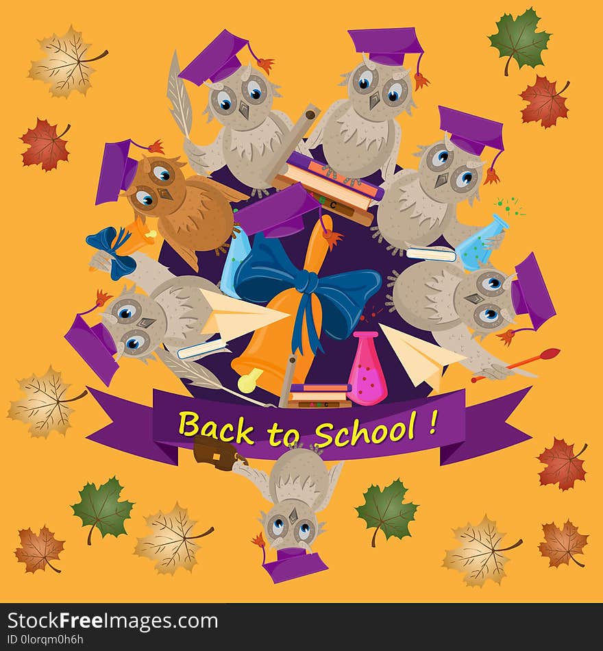 Flat illustration_2_on school theme, bird owl holding various sc