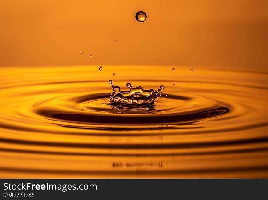 Water drop falling into water making a perfect droplet splash. Water drop falling into water making a perfect droplet splash