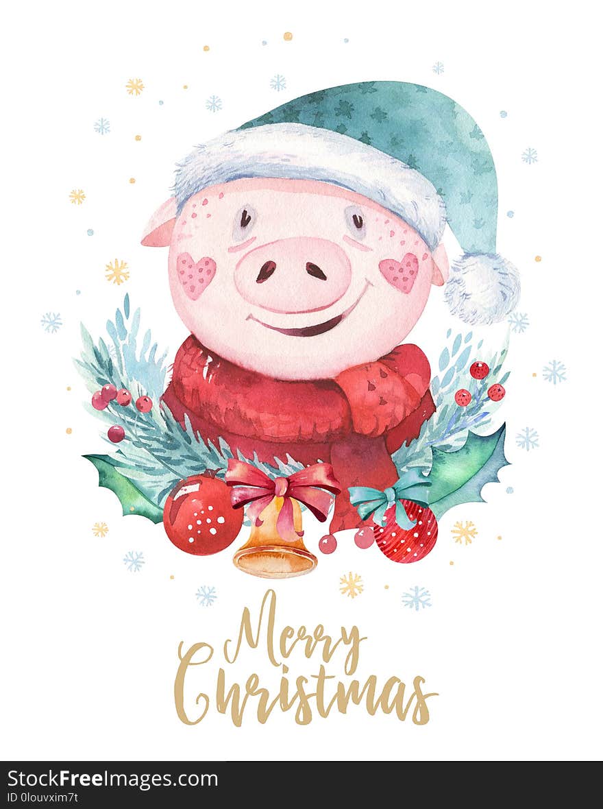 Watercolor cute Pig symbol 2019 illustration. Isolated funny cartoon ping animal Happy Chinese New Year piggy art.