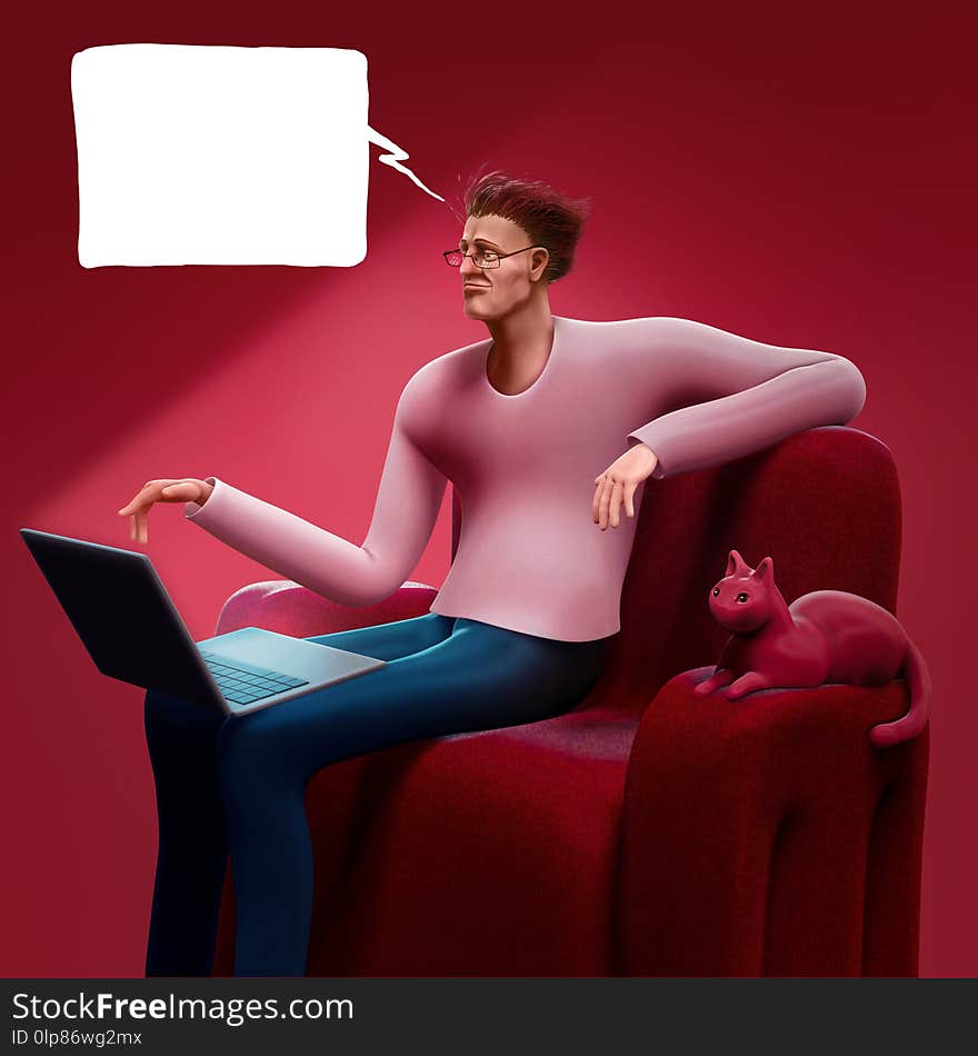 Cartoon man sitting on a sofa looking at the screen of his laptop 3D rendered illustration