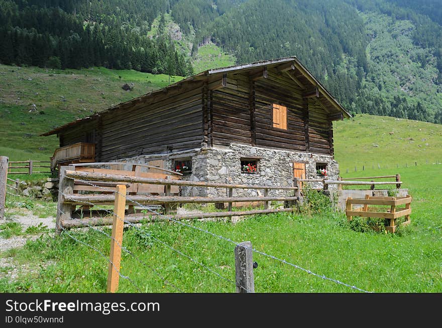 Pasture, Log Cabin, Hut, Grassland