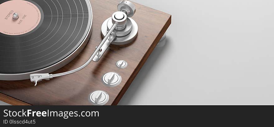 Vinyl LP record player closeup on grey background, banner. 3d illustration