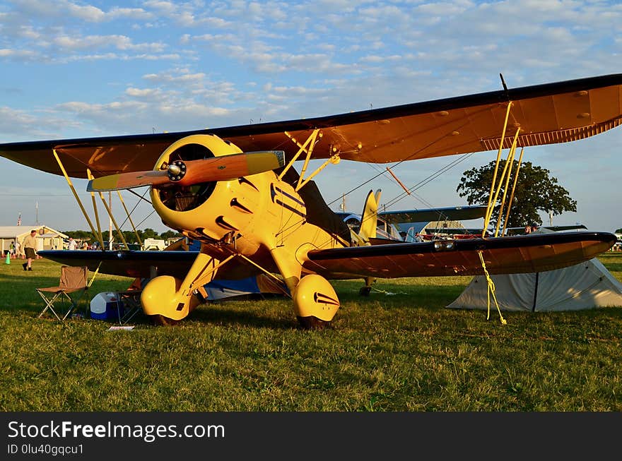 Aircraft, Airplane, Yellow, Biplane