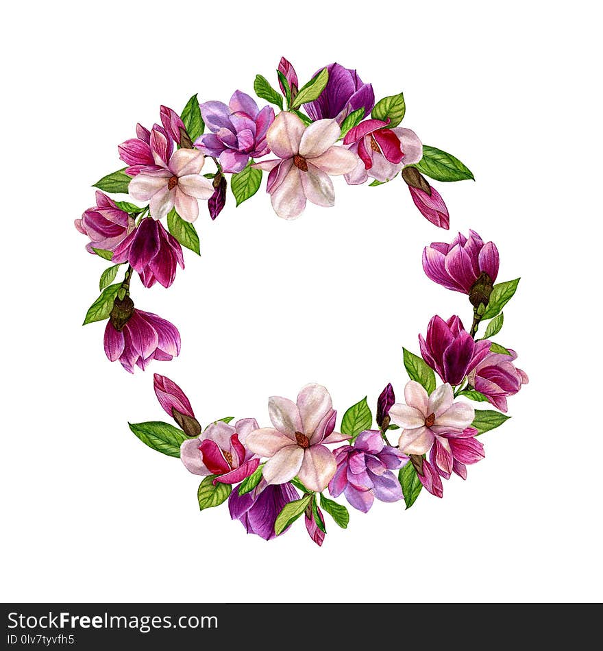 Spring wreath of magnolia flowers in watercolor style on a white background.