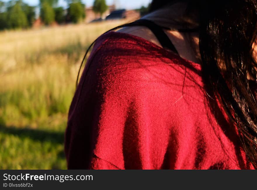 Red, Grass, Black Hair, Close Up