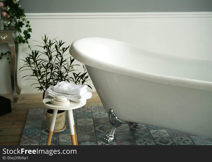 Interior with white bath and indoor flowers