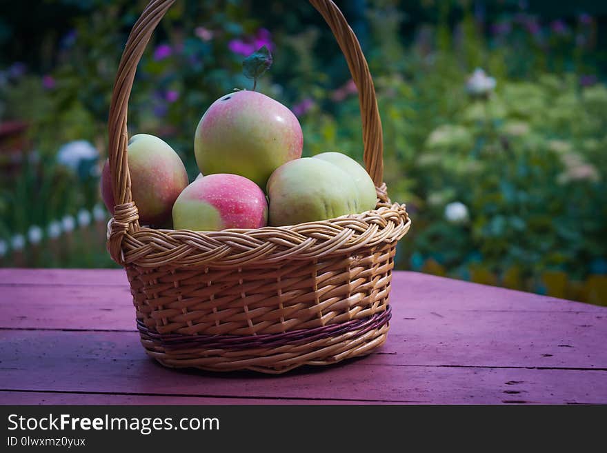 Fresh tasty apples in a wooden basket in the garden. Fresh tasty apples in a wooden basket in the garden.