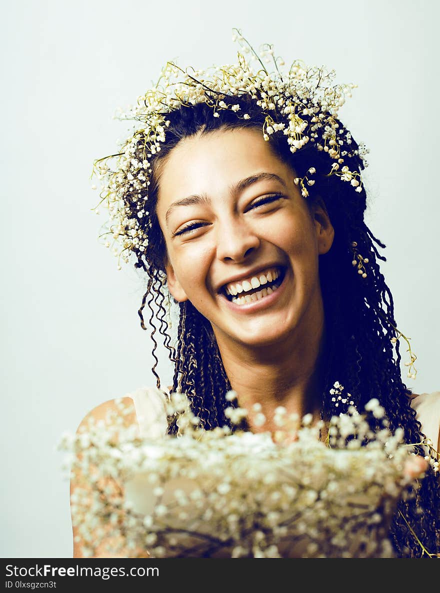 Young Pretty Brunette Girl With Bouquet Of Little White Spring F