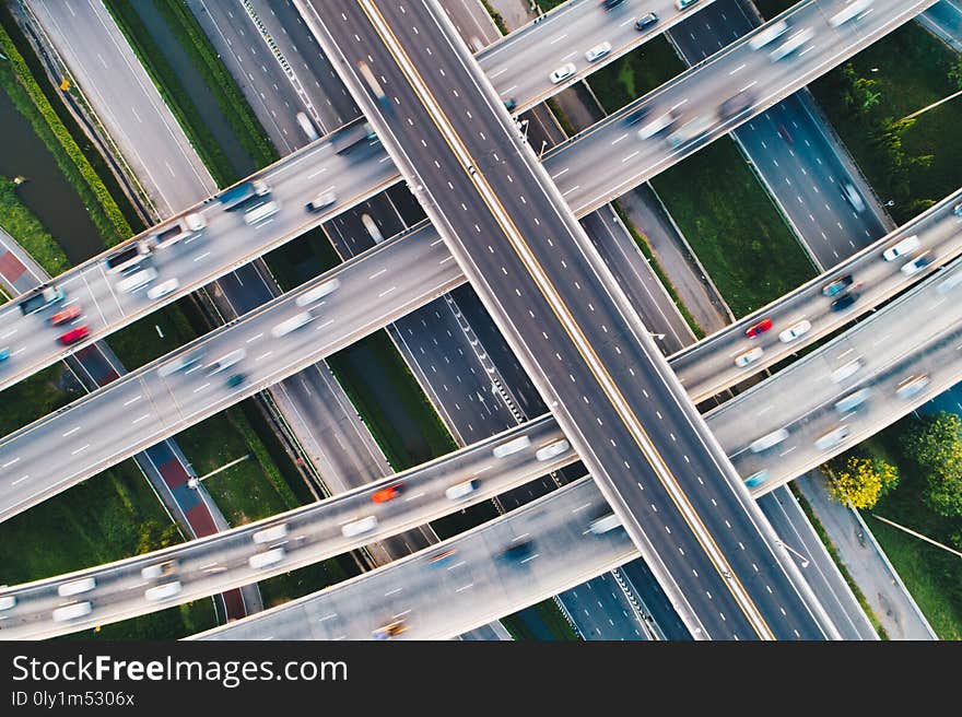 Intersection city cross road with car movement aerial view