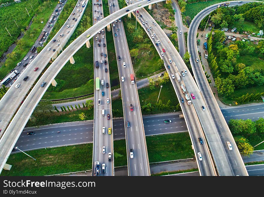 Intersection city cross road with car movement aerial view