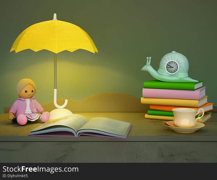 Children`s toy, books, clock, the lamp are located on a table.
