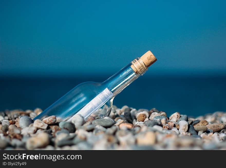 Rolled letter inside glass bottle on a beach. Rolled letter inside glass bottle on a beach