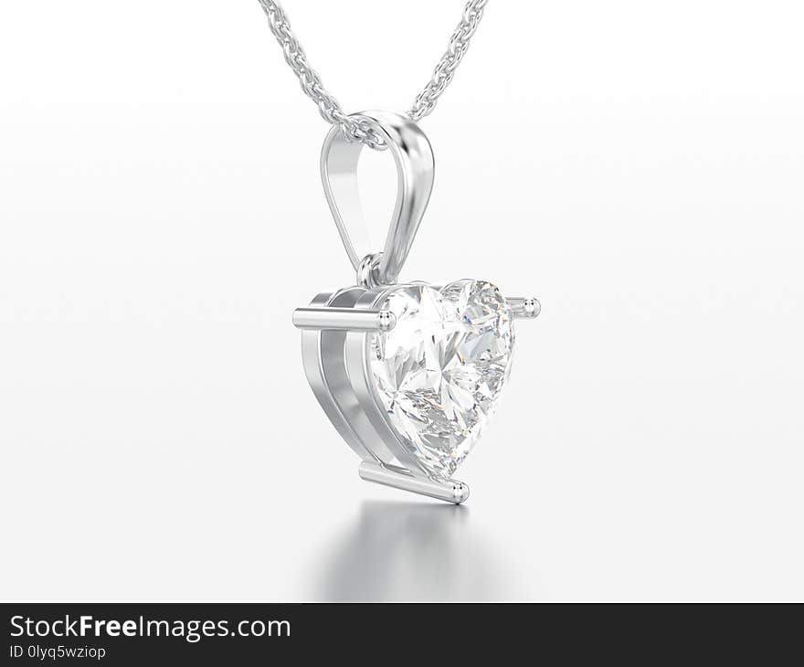 3D illustration white gold or silver big heart diamond necklace on chain on a grey background