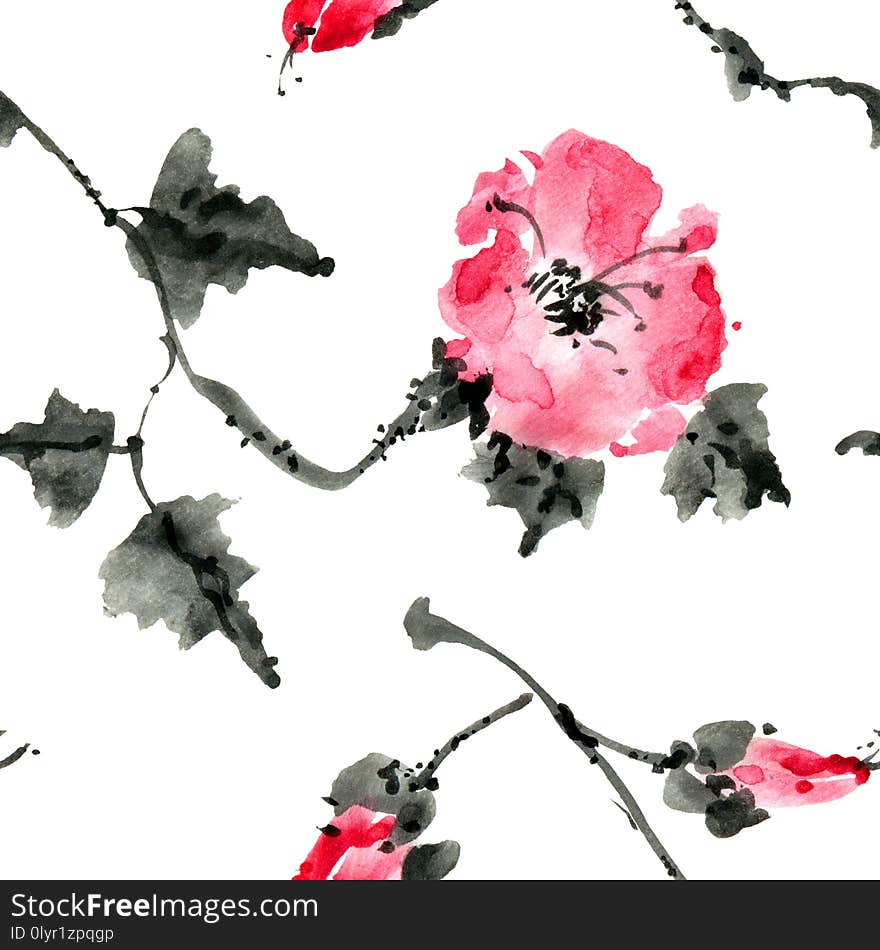 Watercolor and ink illustration of red flowers sumi-e and u-sin oriental painting, seamless pattern. Watercolor and ink illustration of red flowers sumi-e and u-sin oriental painting, seamless pattern