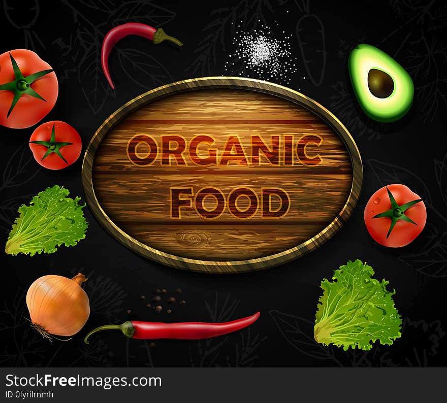 Realistic vector Vegetables with concept logo for Organic Shop on black background. Mock-Up template for Vegetal logo presentation. Vegan Organic Food