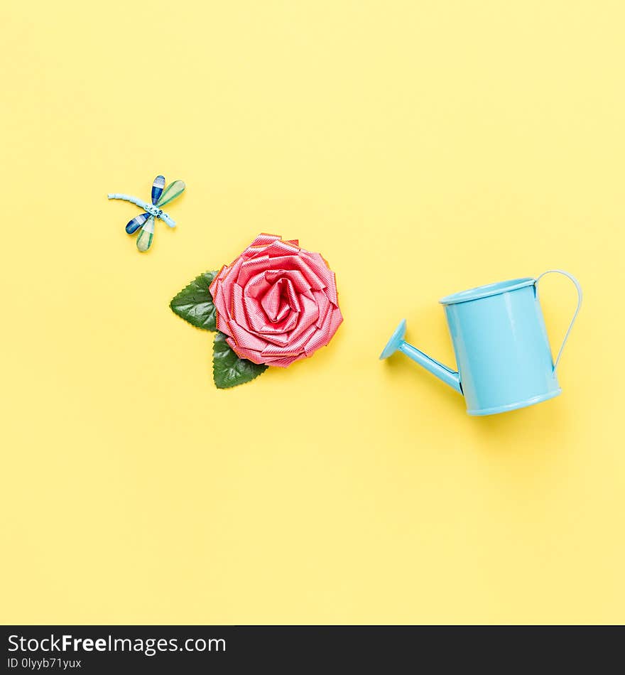 Watering can, rose flower and dragonfly. Minimal concept mock up. Flat lay