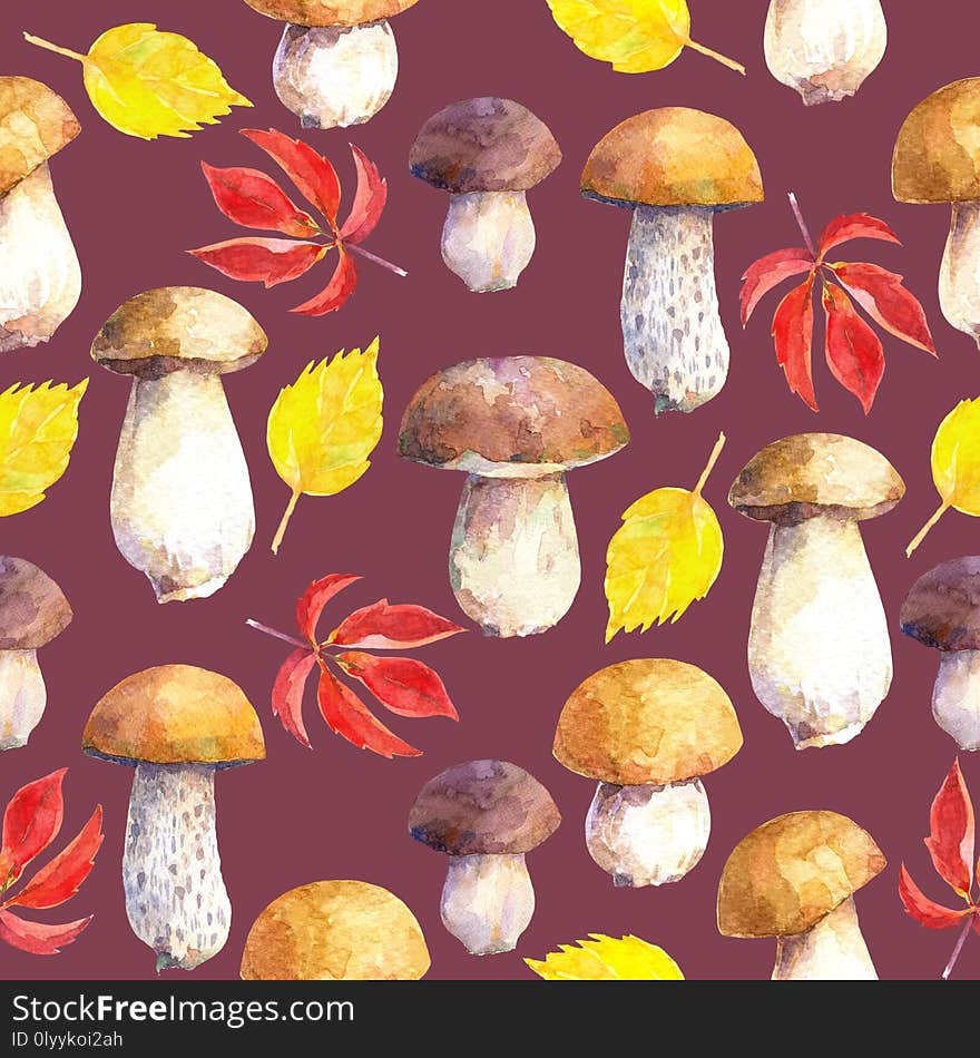 Seamless pattern with mushrooms and leaves on maroon background. Hand painted in watercolor.