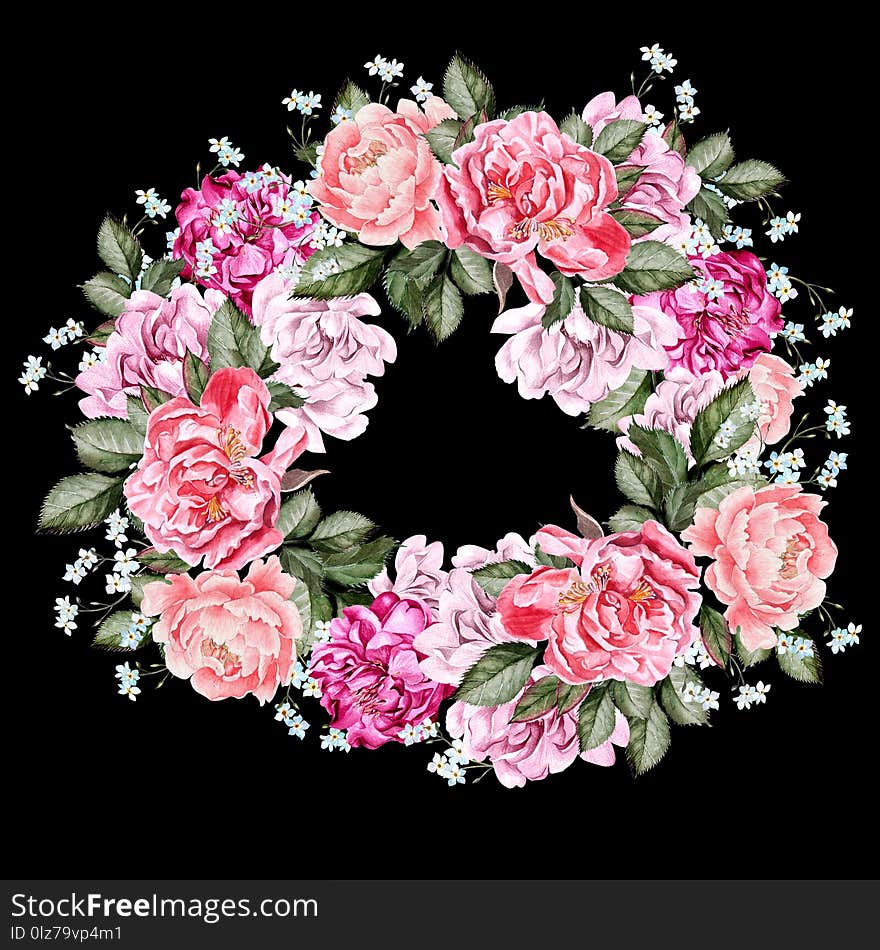 Watercolor Wedding Wreath With Peony Flowers.