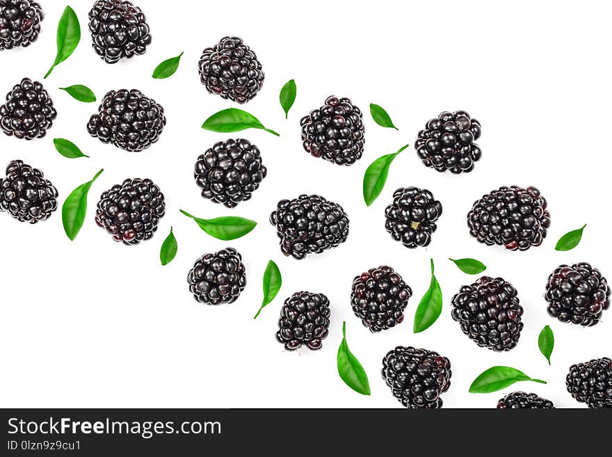 Fresh blackberry isolated on white background with copy space for your text. Top view. Flat lay pattern.