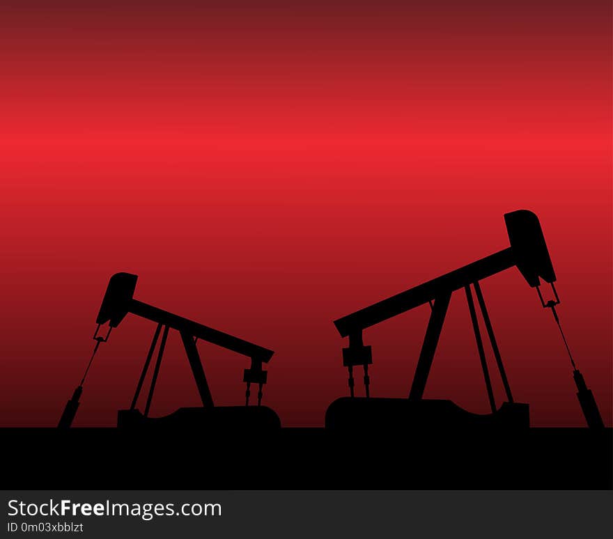 Oil rig silhouettes and orange sky, vector illustration, industrial, gas