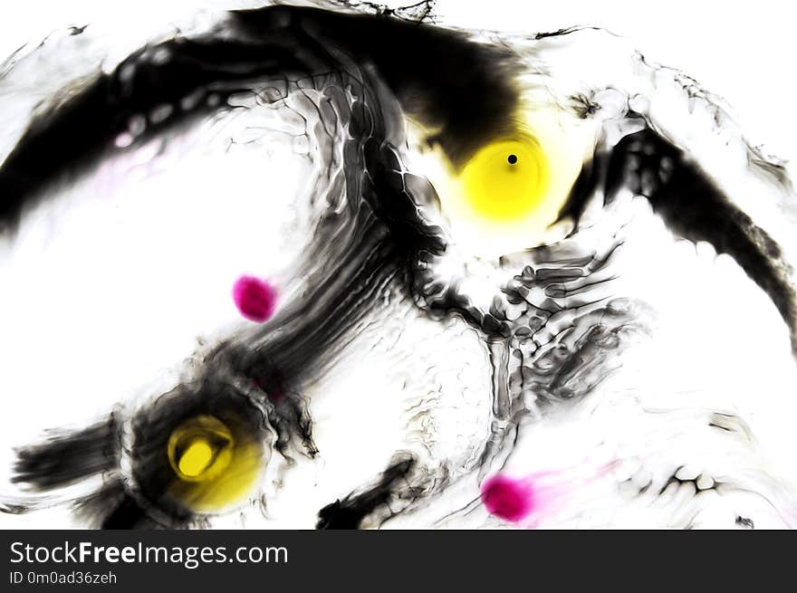 Abstract ink background. Moving liquid paint in water. Black thin circle with yellow and pink dots