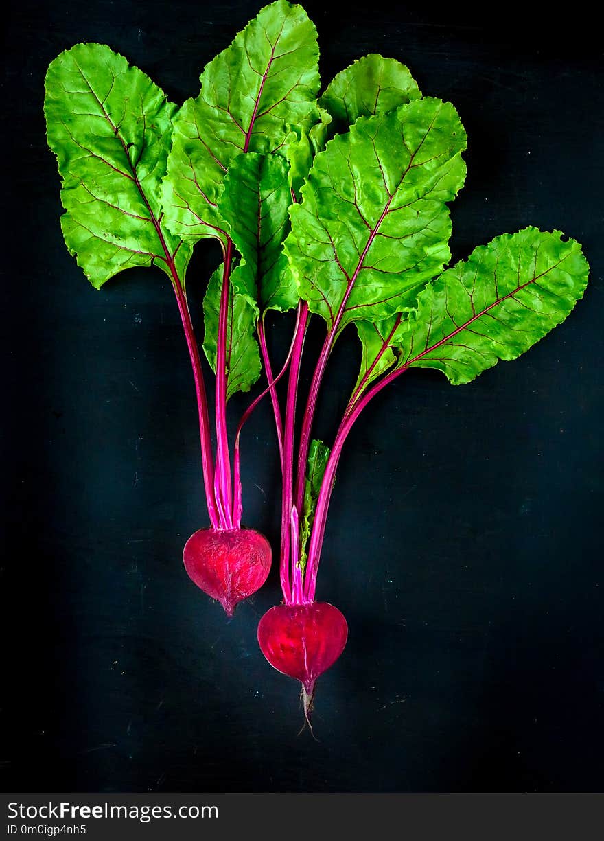 Beetroot cut in half on a black background, place for text, healthy food Copy space. Top view.