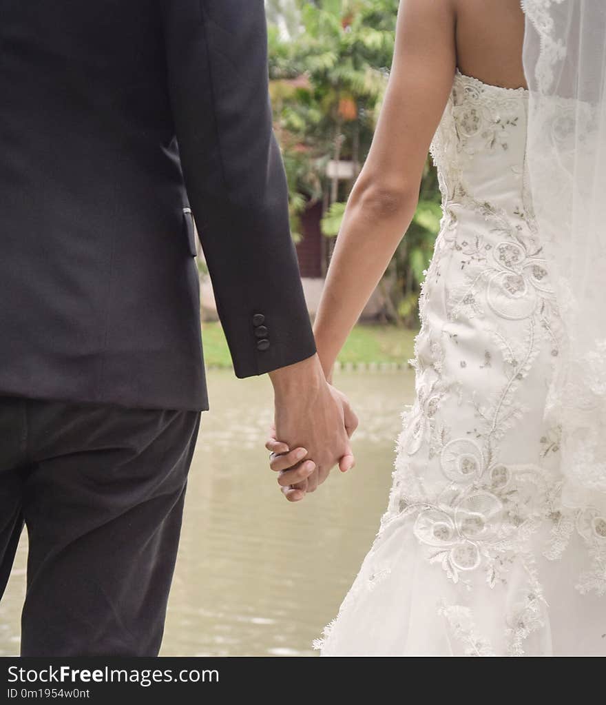 Back view of bride in white dress and groom in suit holding hands earnestly wedding theme.