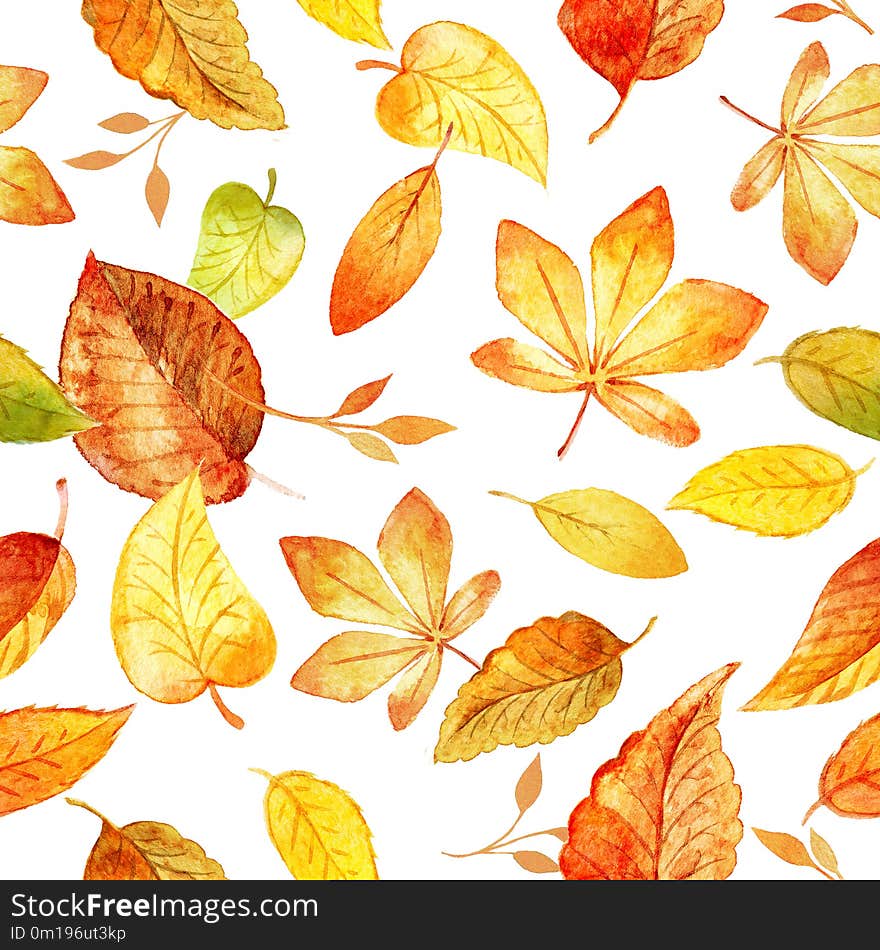 Seamless pattern with autumn leaves drawing by watercolor. Template for DIY projects, wedding invitations, greeting cards, posters, blogs, website. Seamless pattern with autumn leaves drawing by watercolor. Template for DIY projects, wedding invitations, greeting cards, posters, blogs, website