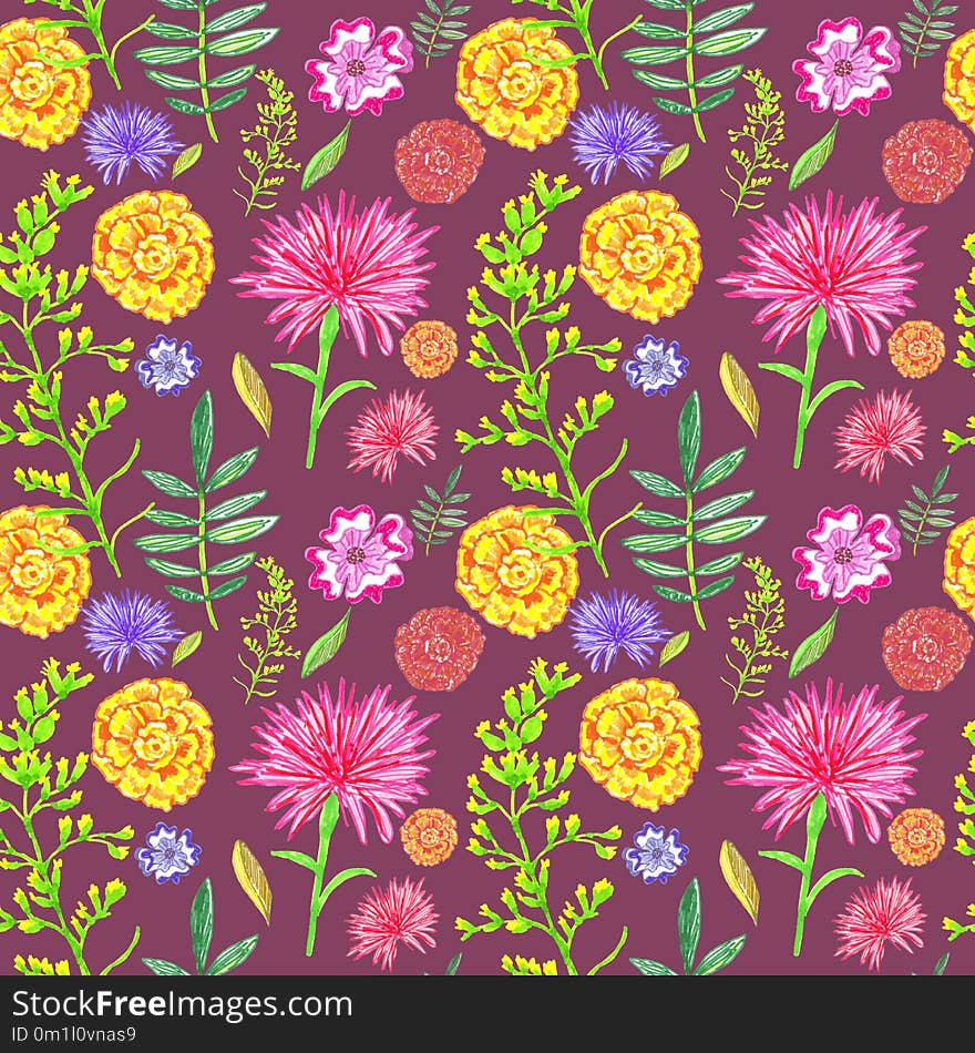 Floral seamles pattern with Hand painted summer and autumn flowers. Vivid colors, cute design for fabric, textile, home decor. Floral seamles pattern with Hand painted summer and autumn flowers. Vivid colors, cute design for fabric, textile, home decor.