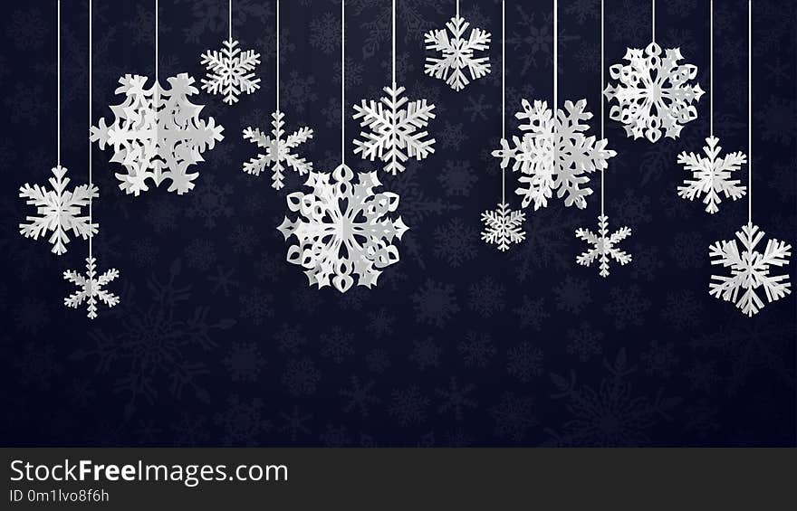 Christmas illustration with white three-dimensional paper snowflakes hanging on black background. Christmas illustration with white three-dimensional paper snowflakes hanging on black background